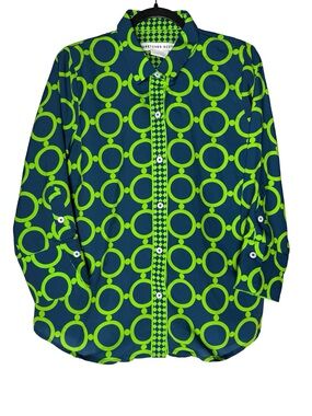 Gretchen Scott Sz Large Boyfriend button Front Shirt Navy Green Geometric Print